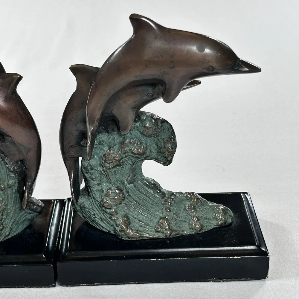 Vintage Brass Pair Of Dolphin Bookends Collectable Decor Figurines Waves MCM